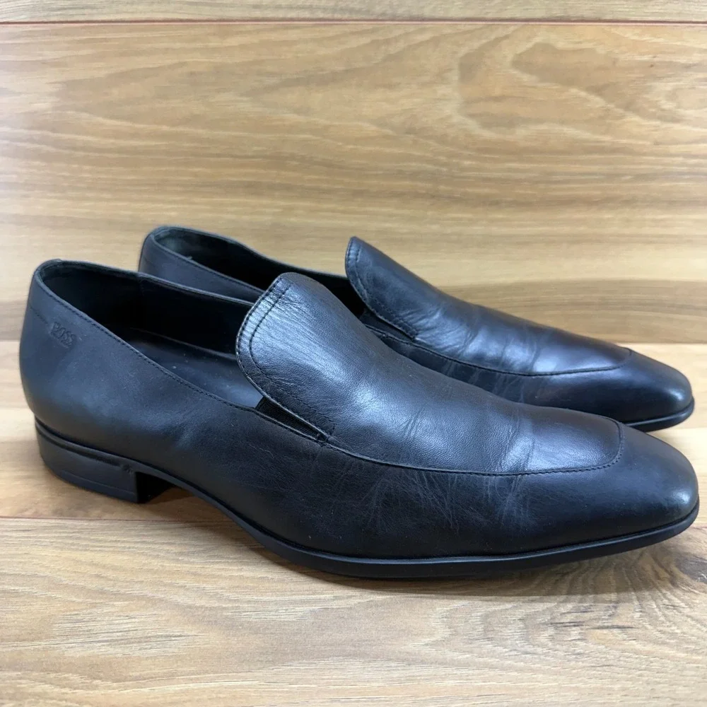 HUGO BOSS Dress Loafers Mens 9 Black Leather Square Toe